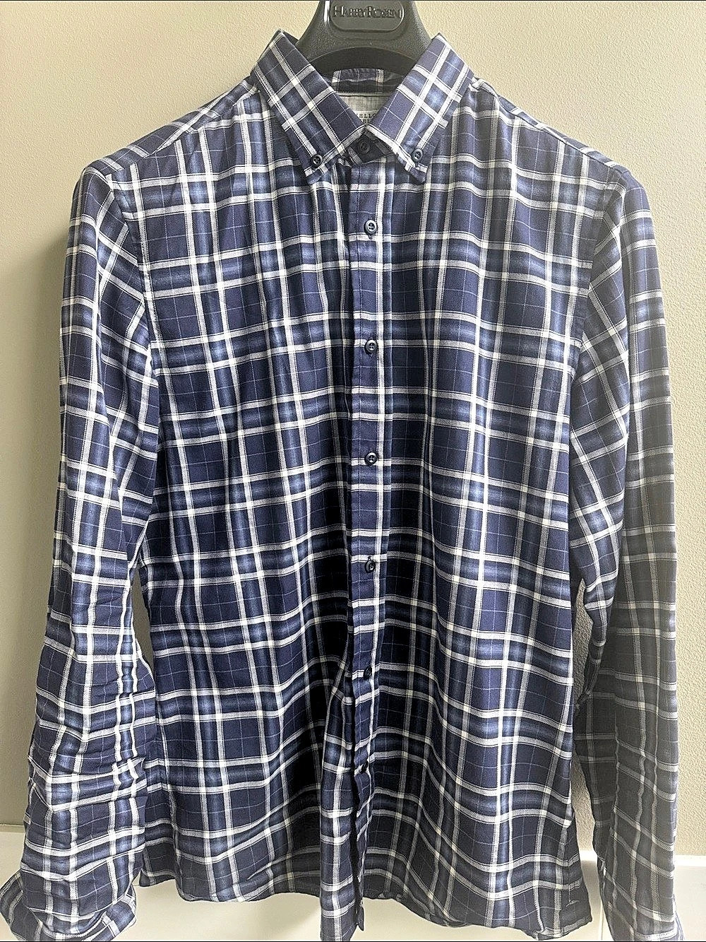 Brunello Cucinelli Leisure Fit Plaid Button Down in Blue & White size Medium